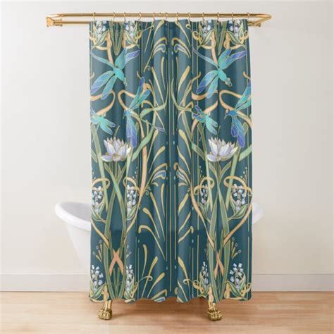 Art Nouveau Dragonflies Pattern Deep Cool Green Shower Curtain For