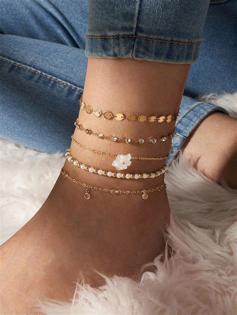 5pcs Contrast Flower Beaded Anklet Shein Usa Ankle Jewelry Beaded