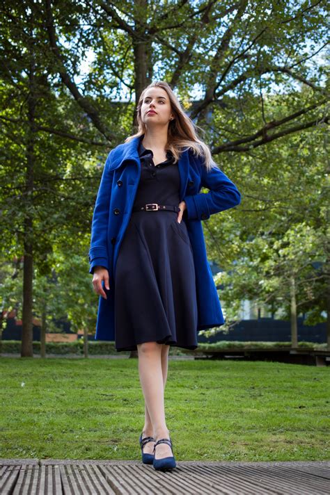 Blue And Navy Feminine Dress And Coat Outfit For Winter Modern