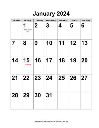 Free 2024 Large Number Calendar With Holidays