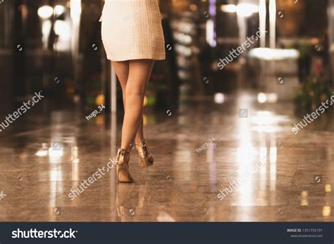 Closeup Womans Legs Walking Hotelrestaurant Background Stock Photo