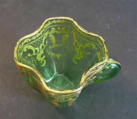 Set 4 Green Moser Art Glass Gilt Enameled Demitasse Cups And Saucers C 1885 1900 Ebay