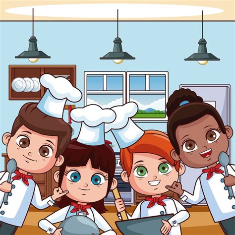 Chef Niños Cocinando En Dibujos Animados De Cocina Vector Premium