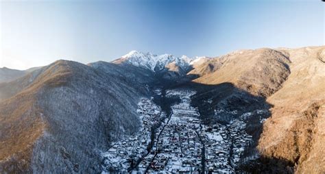 Premium Photo Aerial View Of Krasnaya Polyana Mountains Covered By