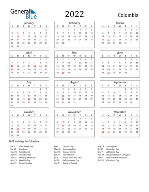 Calendario Festivos Colombia 2022