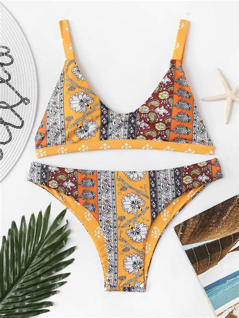 Flower Print Adjustable Straps Top Bikini Set