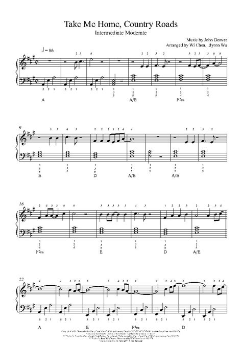 Take Me Home Country Roads By John Denver Piano Sheet Music Intermediate Level Sheet Music