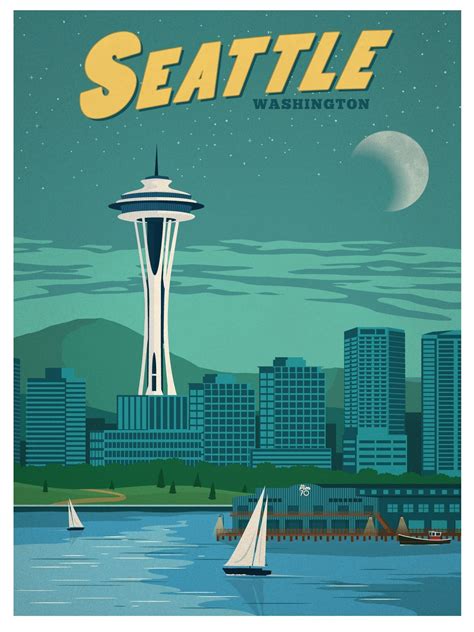 Vintage Seattle Print Visit Seattle Seattle Travel Seattle Poster