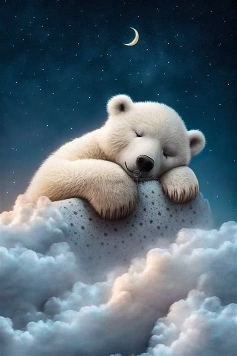 Baby Polar Bear Sleeping On Cloud With Starry Sky Generative Ai Stock