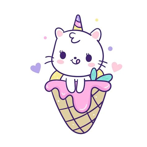 Premium Vector Cute Cat Unicorn Vector Little Kitty With Ice Cream Cone
