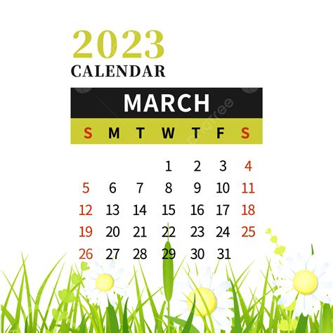 2023 March Calendar Small Daisy Floral Green 2023 Calendar Flowers