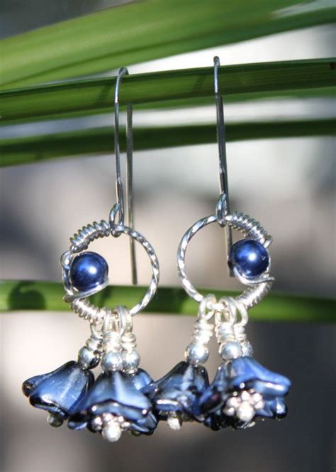 Sapphire Royal Blue Black Czech Glass Flower Earrings By