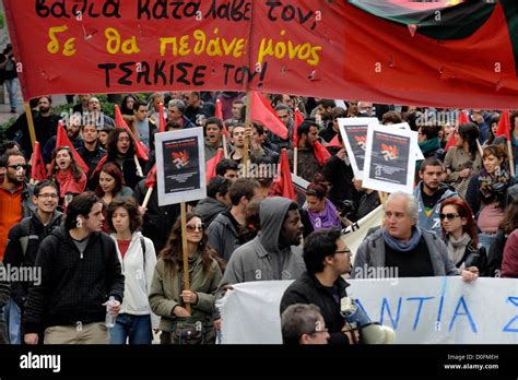 Hundreds Of Protesters Marching Along A Road During An Anti Fascist Protest March In Athens