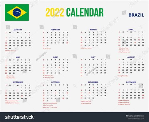 2022 Año Nuevo Calendario Simple Brasil Vector De Stock Libre De