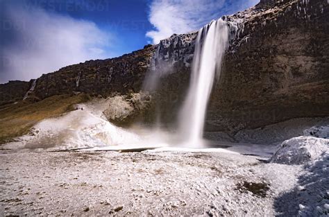 Iceland Frozen Seljalandsfoss Waterfall Stock Photo