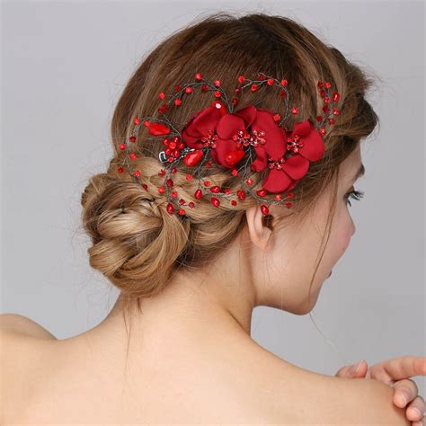 Wholesale Rhinestone Rose Flower Hair Accessories Red Crystal Wedding