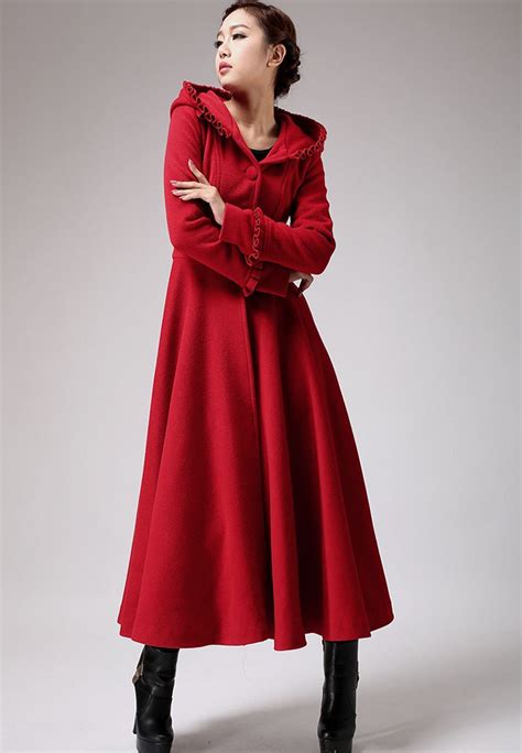 Red Long Wool Coat Winter Hooded Coat Fit And Flare