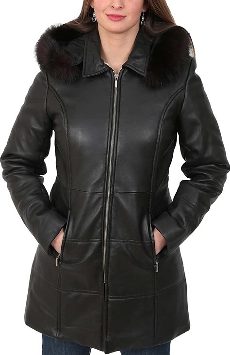 Ladies Soft Leather Puffer Coat 34 Length Padded Fitted Hooded Parka