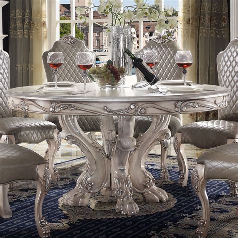 68180 Vintage Bone White Finish Pedestal Round Dining Table Dresden