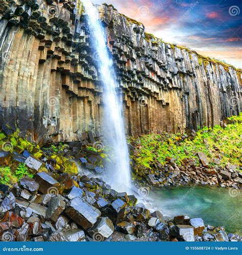 Amazing View Of Svartifoss Waterfall With Basalt Columns On South