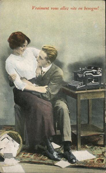 Vraiment Vous Allez Vite En Besogne Couple With Typewriter Typewriters Postcard