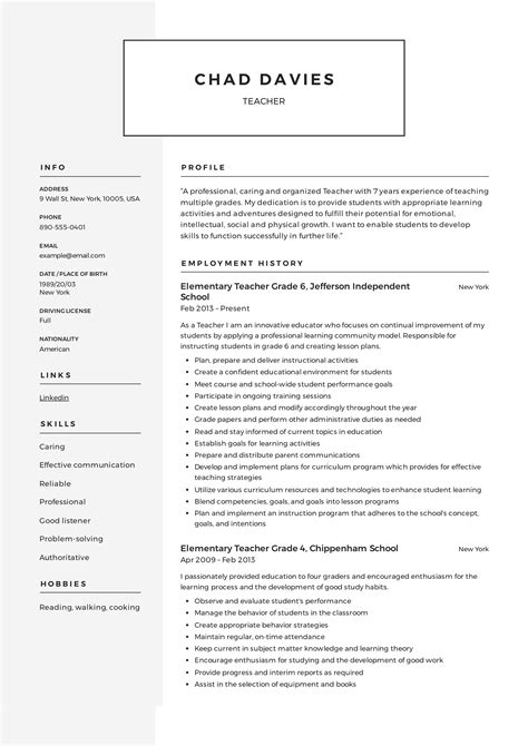 teaching resume template free