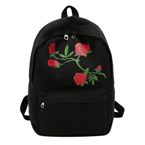 preppy canvas rose flower embroidery backpacks women casual travel bags rucksack women flower