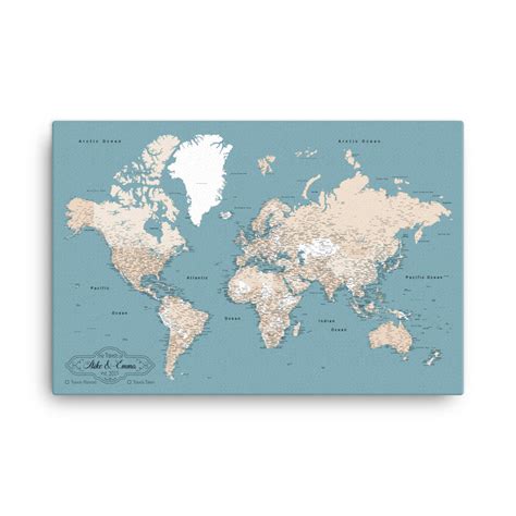 World Map With Push Pins Light Blue And Tan Modern Map Art