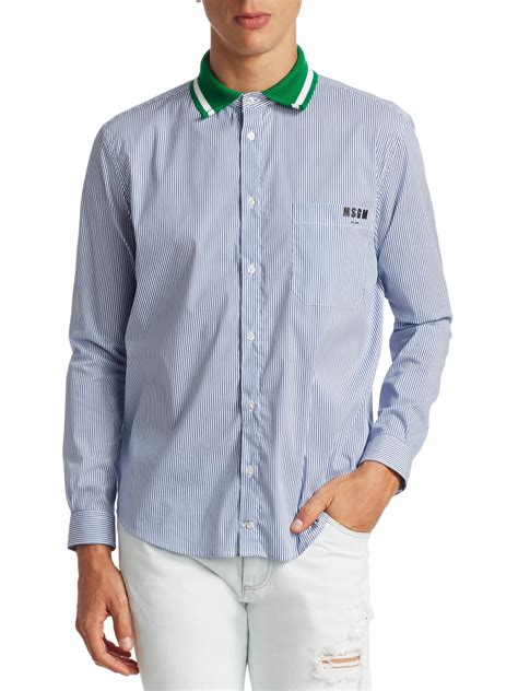 Msgm Cotton Contrast Collar Shirt In Blue Stripe Blue For Men Lyst