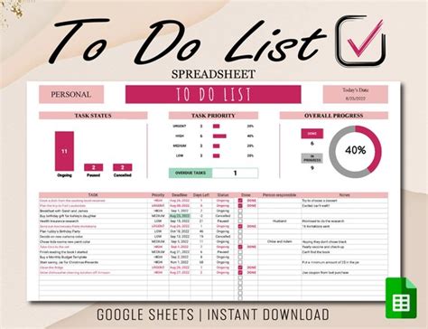 To Do List Template To Do List Google Sheets Spreadsheet Etsy