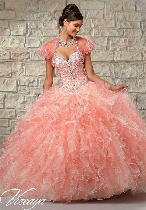 Gold Coral Elegant Beaded Ball Gown Quinceanera Dress Cheap Vestidos De Debutante Gowns