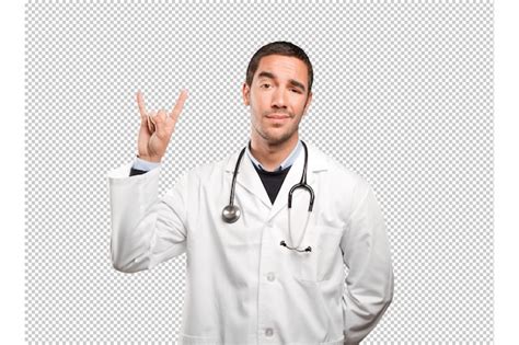 Premium Psd Naughty Doctor With Rock Gesture Against White Background
