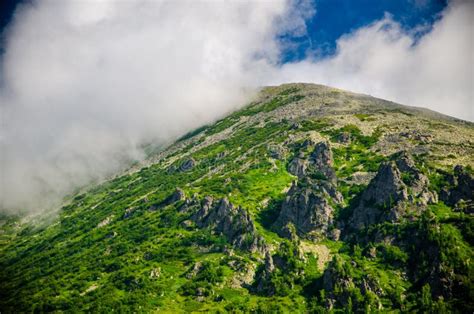 Mountain Landscape Deciduous Forest Cloud On Top Morning Light Stock