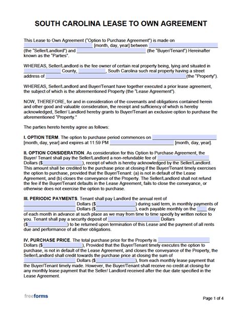 Free South Carolina Lease To Own Agreement Template Pdf Word