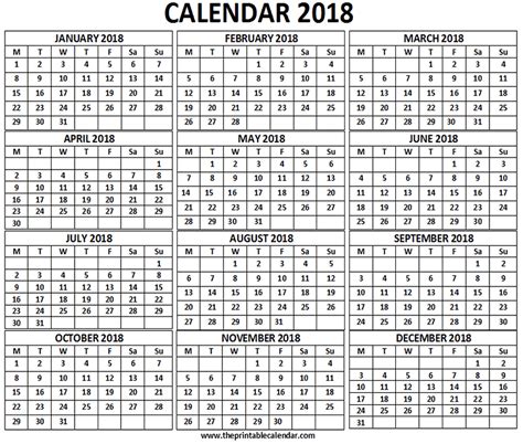 2018 Calendar 12 Months Calendar On One Page Free Printable Calendar