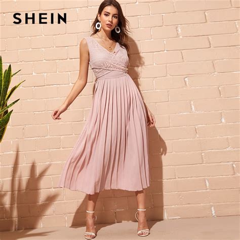 Shein Elegant Pink Criss Cross Wrap Lace Bodice Pleated Summer Long
