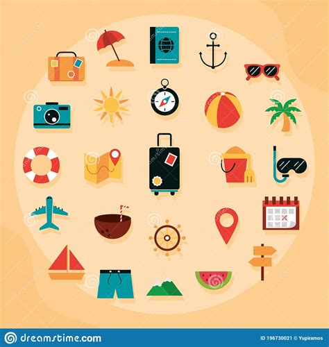 Summer Vacation Travel Tourism Set Flat Icons Style Stock Vector