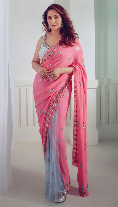 Madhuri Dixit Nene Pink Embroidered Saree Set
