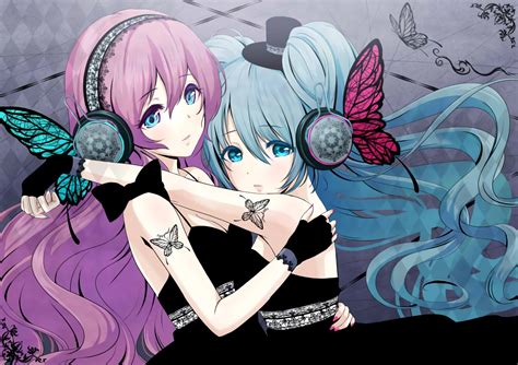 2girls Aqua Hair Bow Butterfly Gloves Hat Hatsune Miku Long Hair Magnet Vocaloid Megurine Luka