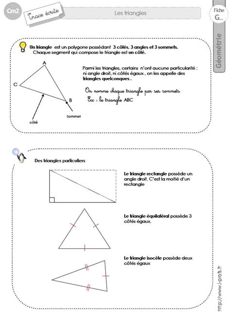 • tu vas apprendre dans cette leçon les propriétés des triangles particuliers, c'est à dire les triangles rectangles, isocèles et équilatéraux. cm1: Leçon LES TRIANGLES isocele, equilateral, rectangle, quelconque