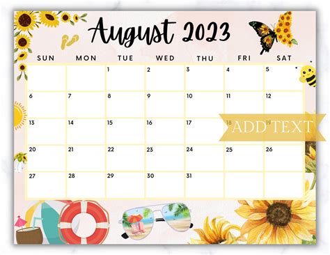 Editable August 2023 Calendar Printable Calendar 2023 Etsy Israel