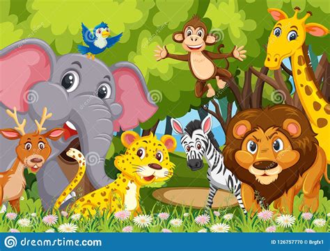 Group of animals in jungle stock vector. Illustration of illustration - 126757770