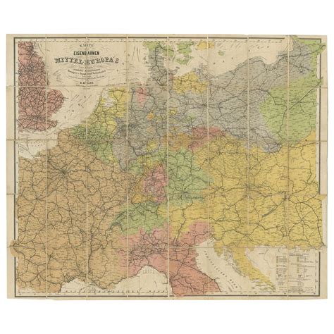 Antique Railway Folding Map Of Central Europe By Müller 1870 For Sale