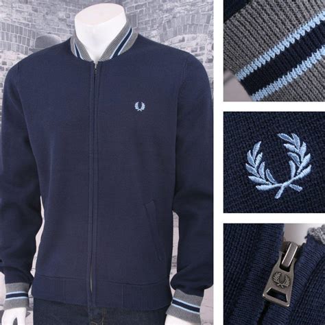 Fred Perry Mod 60s Laurel Wreath Tipped Cotton Cardigan Bomber Navy Adaptor Clothing