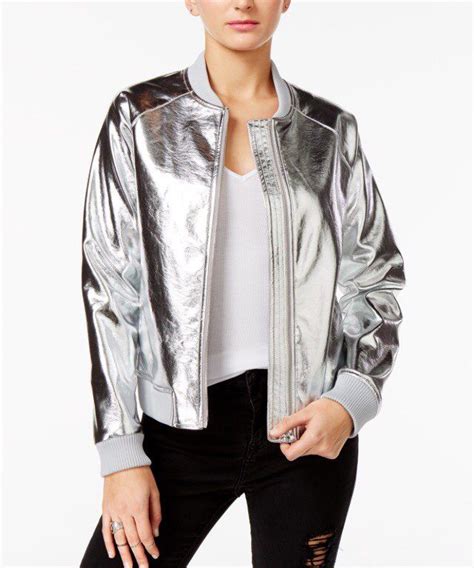 Womens Metallic Silver Guess Jacket Bomber Style Faux Leather Jacket