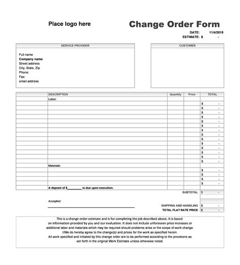 Free Printable Fillable Construction Change Order Form Printable