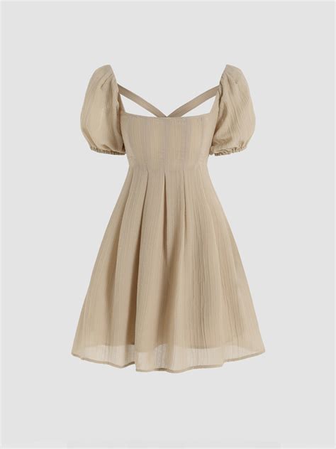 Solid Backless Puff Sleeve Dress Cider