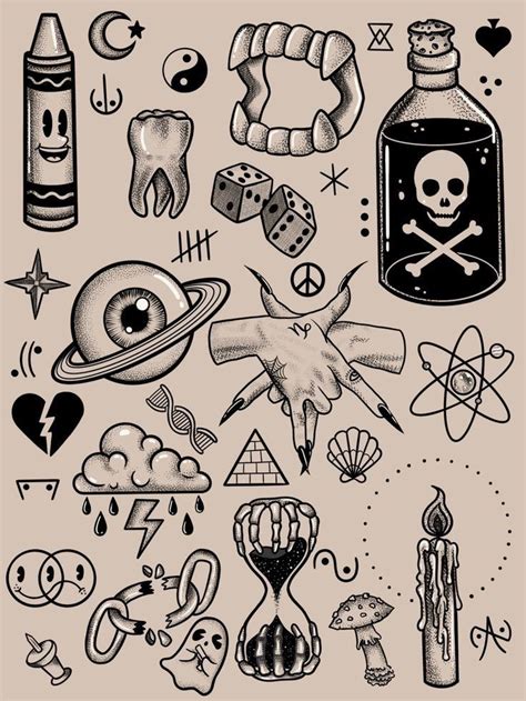 Tattoo Flash Sheet In 2021 Spooky Tattoos Tattoo Art Drawings Mini