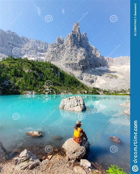 Woman On Vacation In The Italian Dolomites Lago Di Sorapis Lake