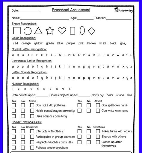 Kindergarten Assessment Test Printable Pdf